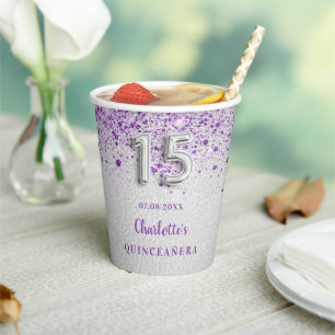 Quinceanera zilveren paarse glitter papieren bekers