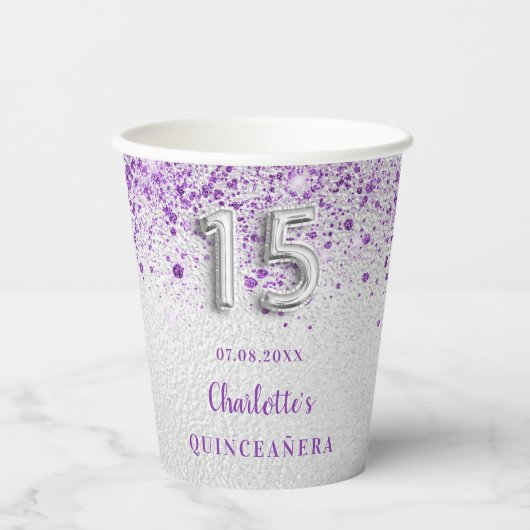 Quinceanera zilveren paarse glitter papieren bekers (Voorkant)
