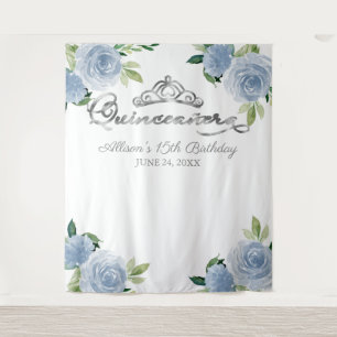 Quinceanera zilverfolie tiara blauwe bloemstuk ach wandkleed