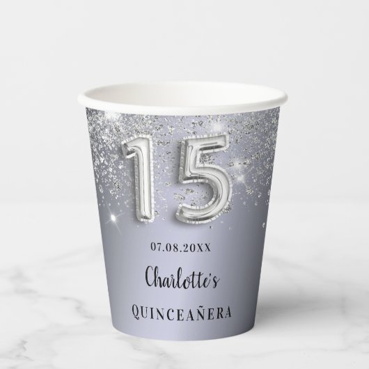 Quinceanera zilverglittermonogram papieren bekers (Voorkant)
