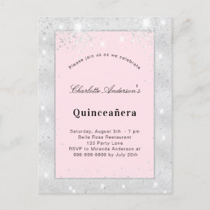 Quinceanera zilverzwart roze glitsstof uitnodiging briefkaart