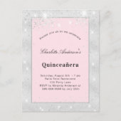 Quinceanera zilverzwart roze glitsstof uitnodiging briefkaart (Voorkant)