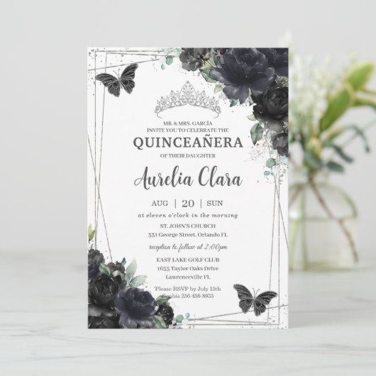 Quinceañera Zwart Bloemen Rozen Prinses Zilver Kaart (Staand voorkant)