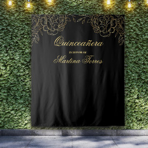 Quinceanera Zwart en Goud Fotohokje Achtergrond Wandkleed