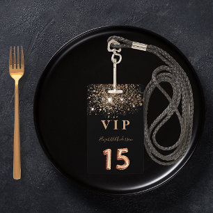 Quinceanera zwart goud glitters VIP uitnodiging Badge
