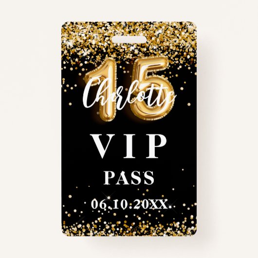 Quinceanera zwart goud vip party pass badge (Voorkant)