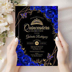 Quinceanera Zwart Koningsblauw Goud Bloem Kaart