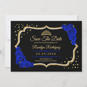 Quinceanera Zwart Koninklijk Blauw Goud Bloem Save The Date