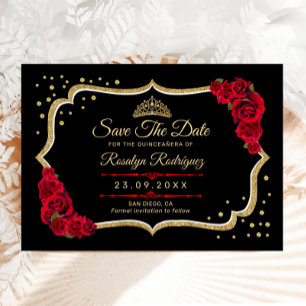 Quinceanera Zwart Rood Goud Bloem Save The Date
