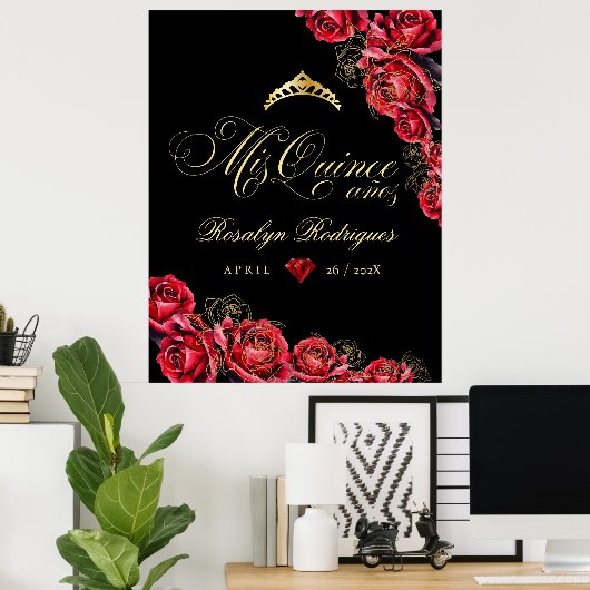 Quinceanera - zwart rood gouden decoratiebord poster (Thuiskantoor)