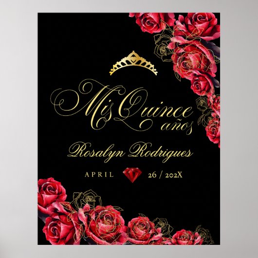 Quinceanera - zwart rood gouden decoratiebord poster (Voorkant)