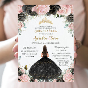 Quinceañera Zwart Roze Rozen Bloemen Prinses Jurk Kaart