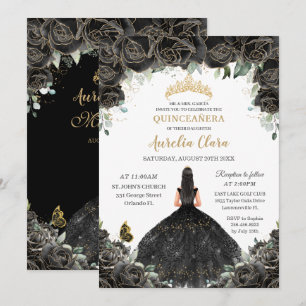 Quinceañera Zwarte Bloemen Meisje Jurk Goud Kaart