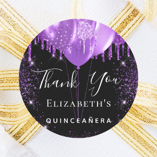 Quinceanera zwarte paarse glitter naam bedankt ronde sticker