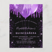 Quinceanera zwarte paarse glitterballonnen uitnodiging briefkaart (Voorkant)