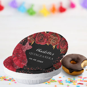 Quinceanera zwarte rode jurk bloemen papieren kommen