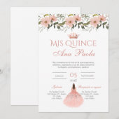 Quinceñera Invitation en espagnol rose floral (Devant / Derrière)