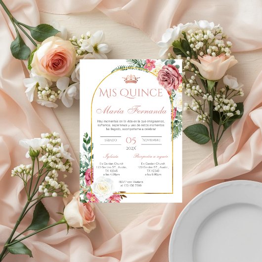 Quinceñera Invitation en espagnol rose floral