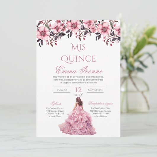 Quinceñera Invitation en espagnol rose floral (Debout devant)