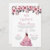 Quinceñera Invitation en espagnol rose floral (Devant / Derrière)