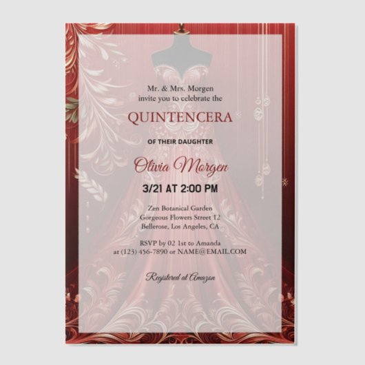 Quintencera Glam Red Robe Invitation de fête d'ann (Recto)