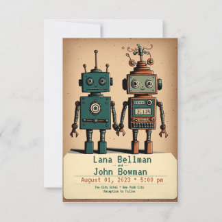 Quirky bruiloft-uitnodigingen met robots kaart