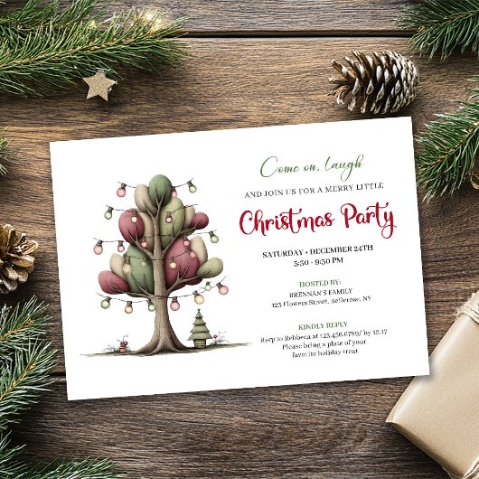 Quirky cartoon tree Christmas party invitation