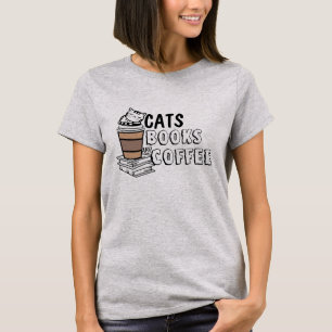 Quirky Cat Lover T-shirt - Katten, Boeken en Koffi