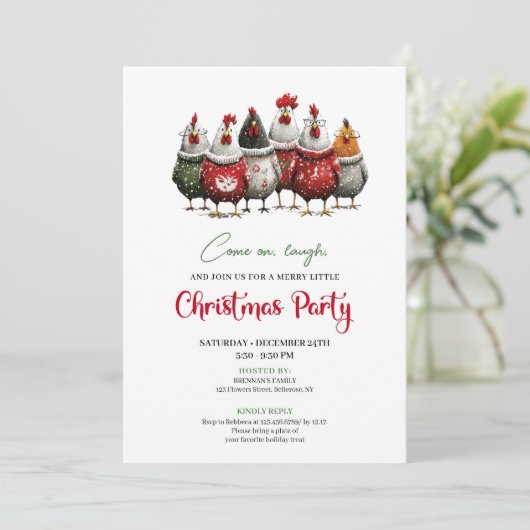 Quirky Chickens Cartoon Christmas Party Invitation (Debout devant)