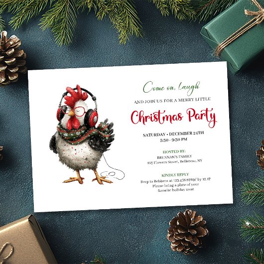 Quirky Chickens Red Green Holiday Party Invitation
