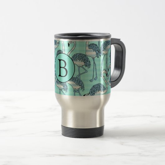 Quirky Cool Striped Blue Flamingo patroon Monogram Reisbeker (Voorkant rechts)
