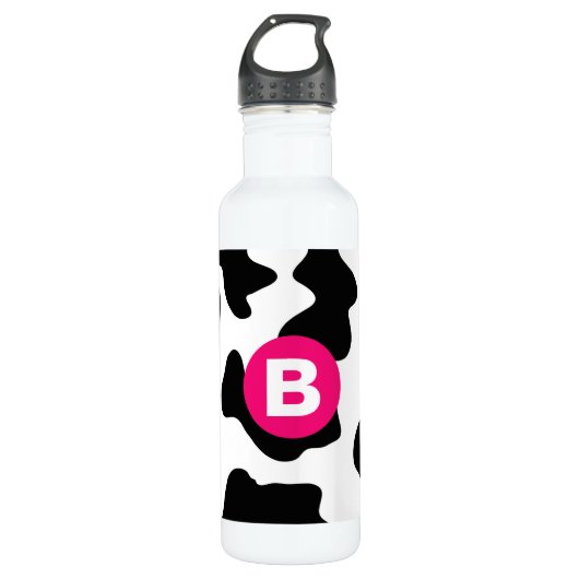 Quirky Cow Pattern Pink Monogram Waterfles (Voorkant)