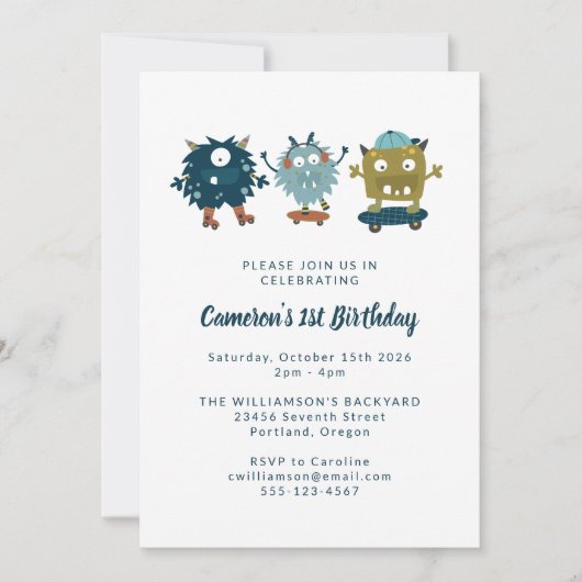 Quirky Cute Skateboard Monsters 1e verjaardag Kaart (Voorkant)