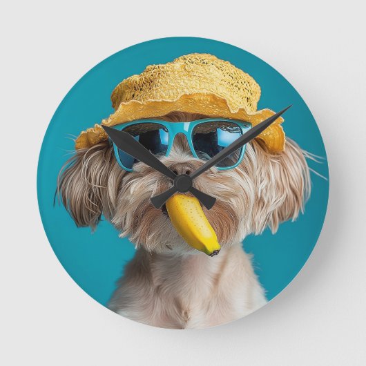 Quirky Dog Wall Clock with Sunglasses, Hat, and Ba Ronde Klok (Voorkant)