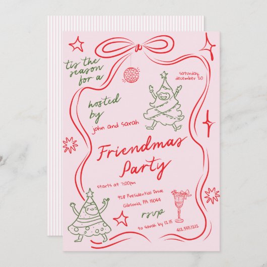 Quirky Doodle Christmas Friendmas Party Invitation (Devant / Derrière)