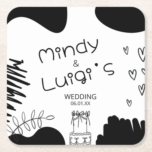 Quirky Doodle Shapes Script Wedding Vierkante Kartonnen Onderzetter (Voorkant)