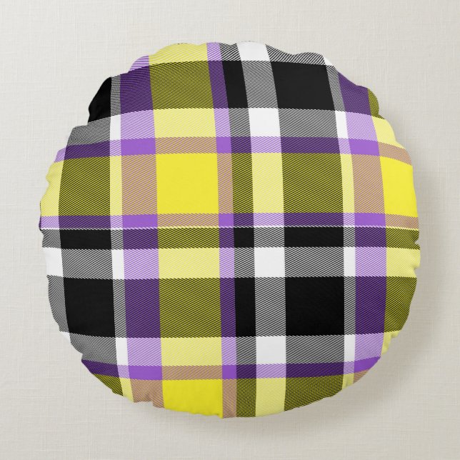 Quirky Eclectische Boho Nonbinary Plaid Pride Vlag Rond Kussen (Voorkant)