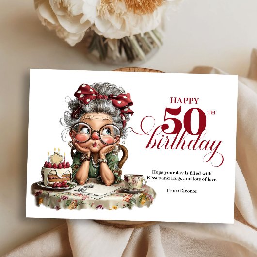 Quirky fun 50 lady greeting whimsical birthday kaart