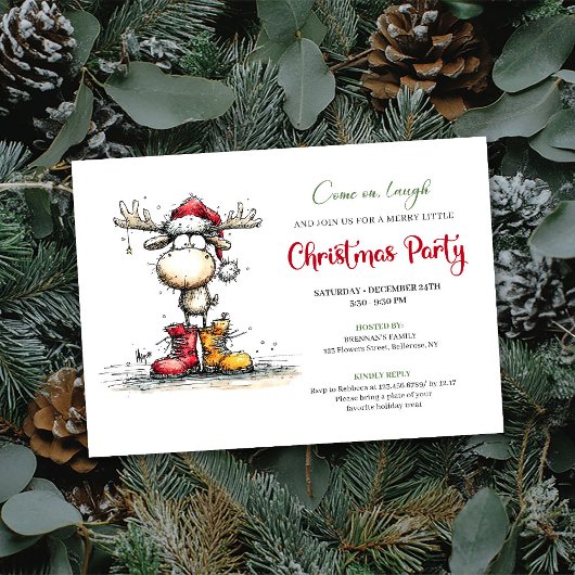 Quirky Reindeer Festive Red Green Party Invite Kaart