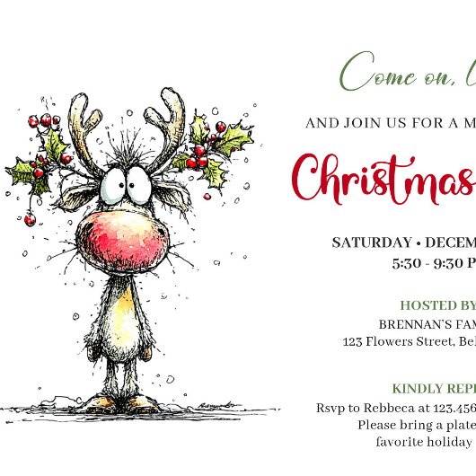 Quirky Reindeer Minimalist Holiday Party Invite Kaart