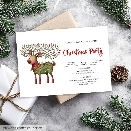 Quirky Reindeer watercolor red green Christmas Kaart