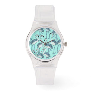 Quirky Striped Turquoise Flamingos Pattern Horloge