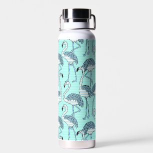 Quirky Striped Turquoise Flamingos Pattern Waterfles