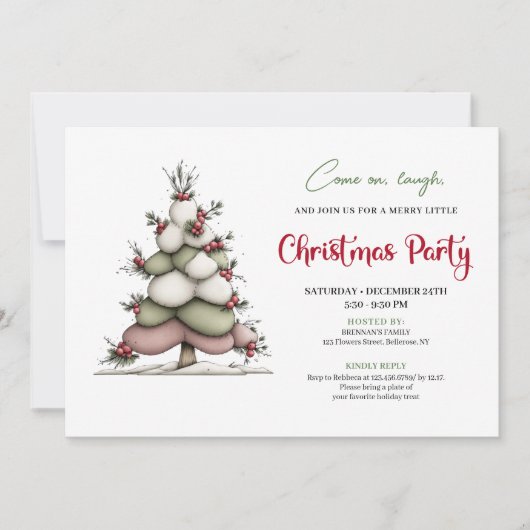 Quirky tree red green holiday party printable card kaart (Voorkant)