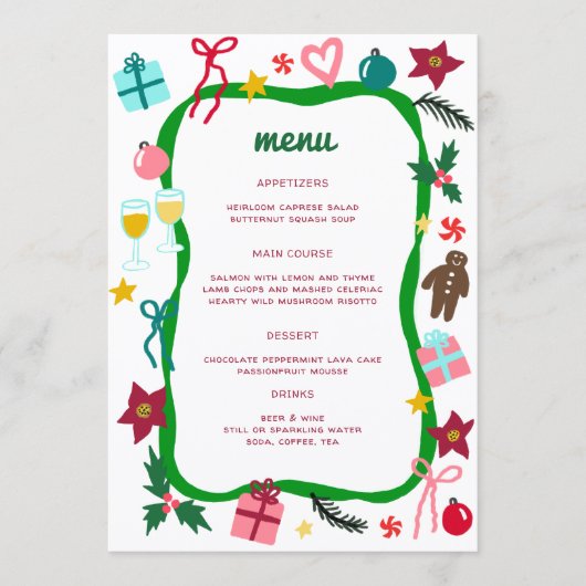 Quirky Whimsical Christmas CUSTOM Holiday Party Menu (Voorkant)