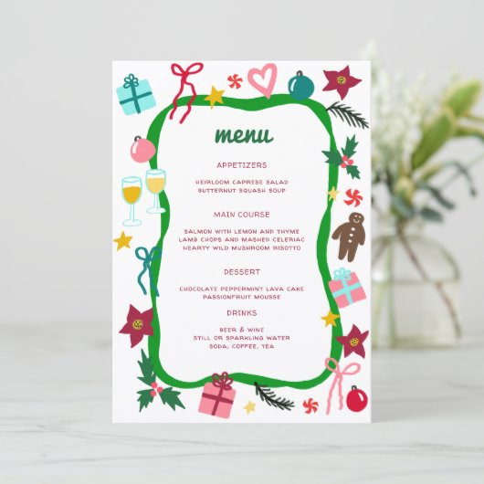 Quirky Whimsical Christmas CUSTOM Holiday Party Menu (Staand voorkant)