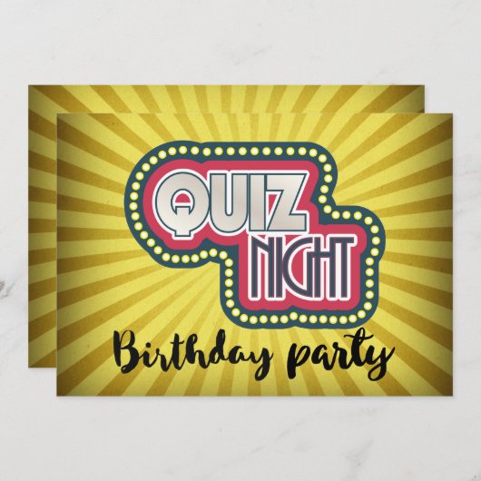 Quiz Night Birthday Trivia Party on Yellow Sunrays Kaart (Voorkant / Achterkant)