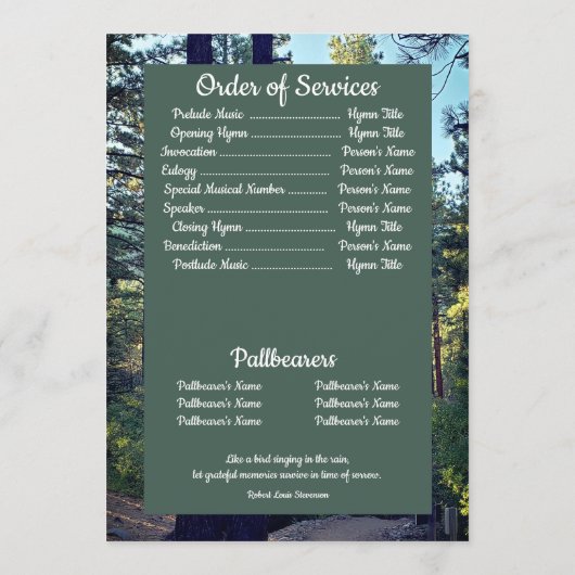 Quote Foto Pine Tree Forest Achtergrond Begrafenis Programma (Achterkant)