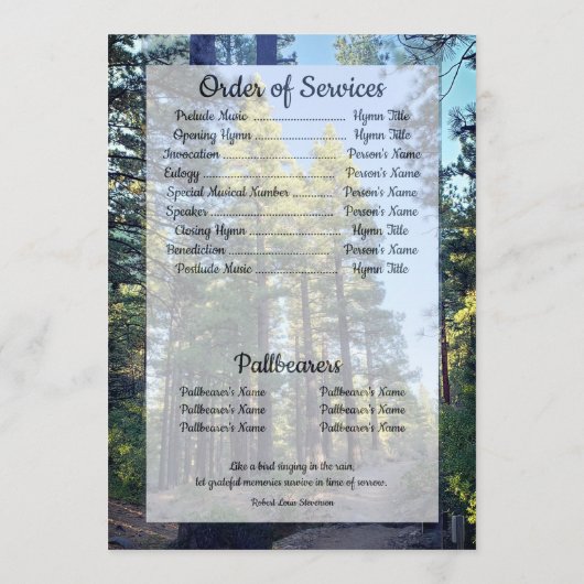 Quote Foto Transparante Pine Tree Forest begrafeni Programma (Achterkant)