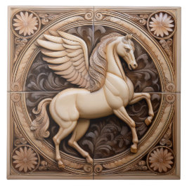 R Beige faux relief Art Nouveau Winged Horse Tegeltje